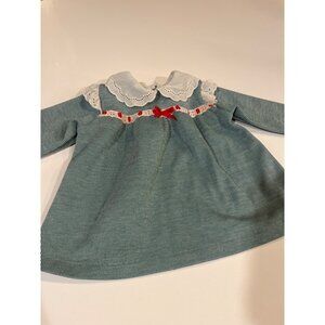 Vintage Baby Dress With Lace Collar & Details Green & White Striped Long Sleeve